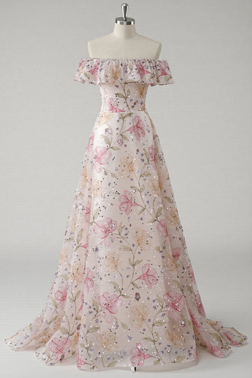 Robe De Soirée fleurie rose à épaules dénudées avec paillettes